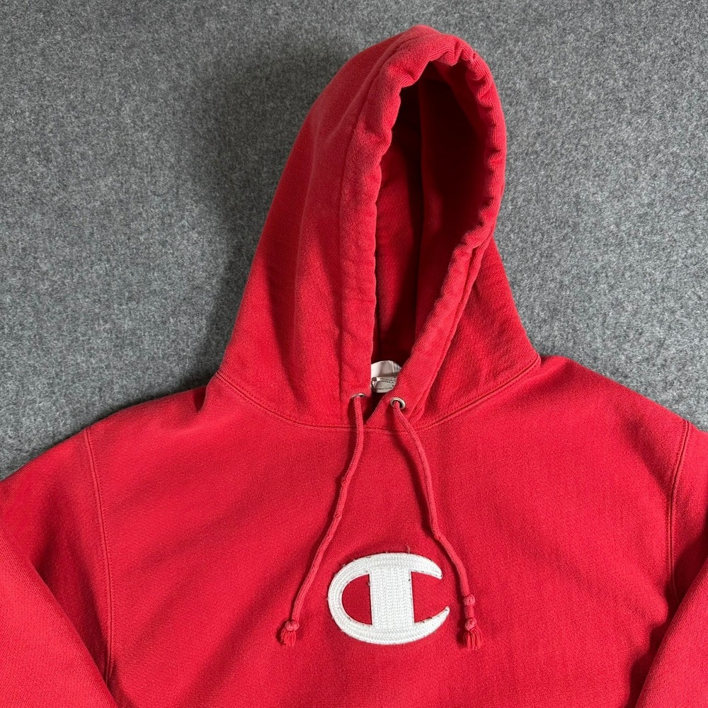 Champion Reverse Weave Hoodie Mens Large Red Raised Center Logo Rare